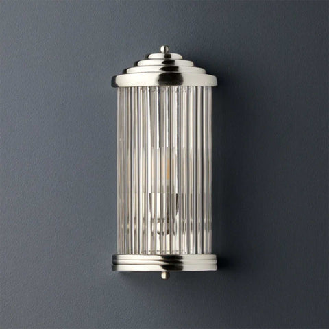 Baby Roddy Bathroom wall light with clear glass rods and polished semi-circular fitting, Art Deco style bathroom fixture