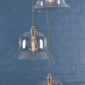 Bodium large clear glass shade cluster pendant light with hand-blown glass shades and vintage filament bulbs against blue brick wall