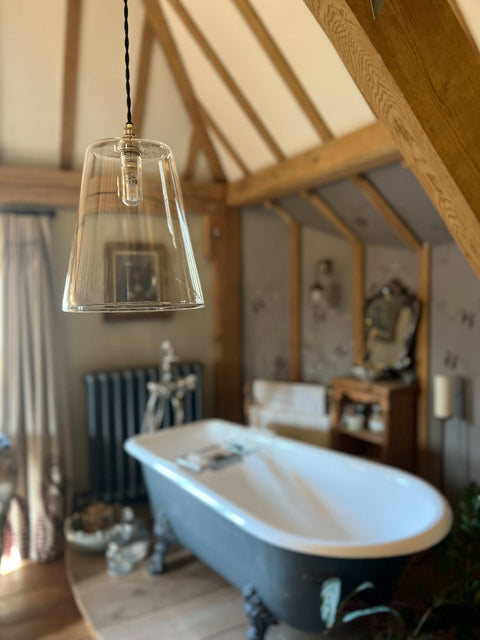 Newbury Large Clear Glass Shade bathroom pendant light with tapered hand-blown glass design