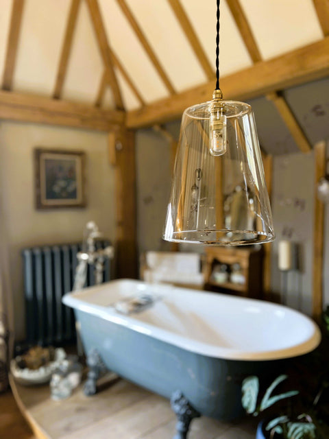 Newbury Large Clear Glass Shade bathroom pendant light with tapered hand-blown glass design