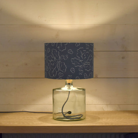 Recycled Glass Short Table Lamp With blue oak Shade