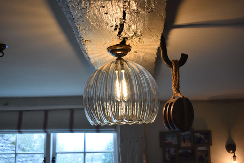 Soho Large Ribbed Glass Shade flush ceiling light with hand-blown ribbed glass and sleek design for low ceilings