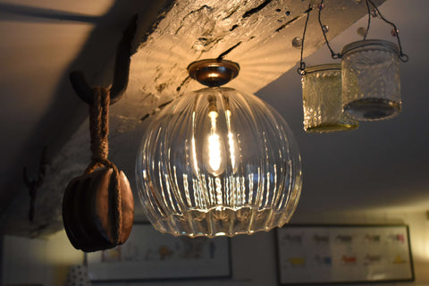 Soho large ribbed glass shade flush ceiling light for low ceilings