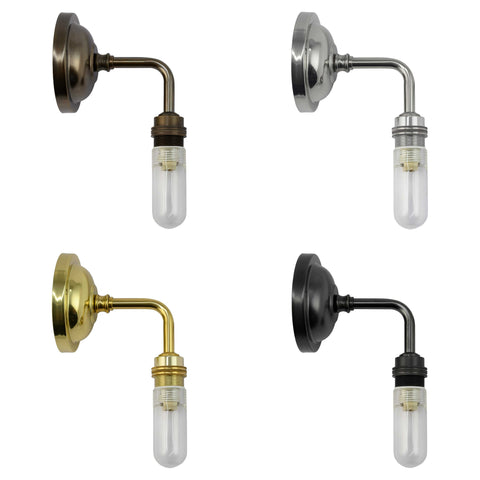 Hythe Small Clear Glass Shade bathroom wall lights in four finishes with clear glass shades and cylindrical bulbs
