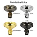 Four flush ceiling fittings in different finishes with labels on a white background.