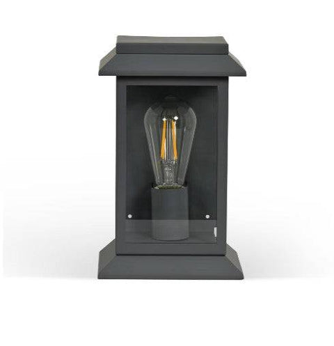 Stourton Carbon Steel Outdoor Wall Light matte carbon steel lantern-style with clear glass panels and warm illumination