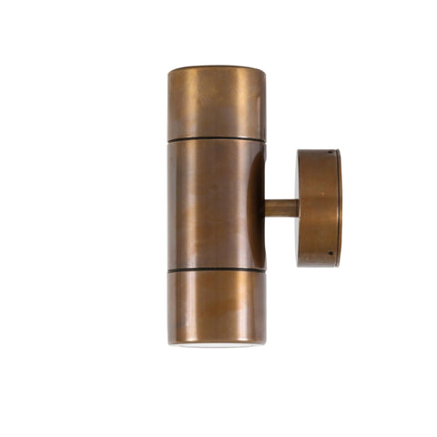 Lana Up Down Brass Outdoor Wall Light in solid brass finish, IP65 rated outdoor wall sconce casting soft up and down light, ideal for porch lighting, garden walls and bathroom use