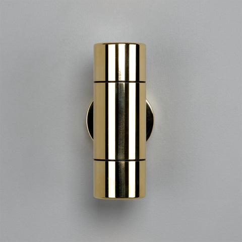 Lana Up Down Brass Outdoor Wall Light in solid brass finish, IP65 rated outdoor wall sconce casting soft up and down light, ideal for porch lighting, garden walls and bathroom use