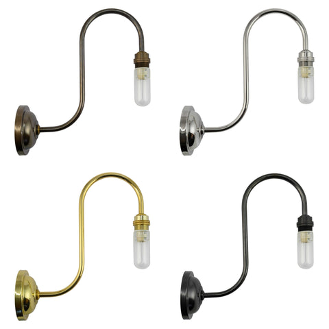 Hythe Small Clear Glass Shade bathroom wall light in four finishes with clear cylindrical glass shade and curved metal arm