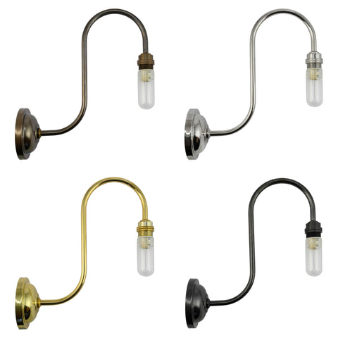 Four Rye Medium Ribbed Glass Shade Bathroom Wall Lights in different finishes: bronze, chrome, brass, and black with exposed bulb design and curved arm mounts.