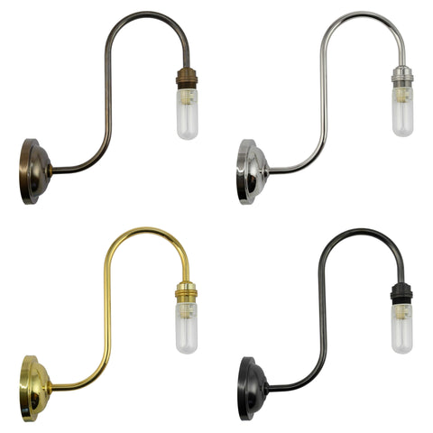 Four Soho Small Smoked Glass bathroom wall lights in antique brass, chrome, polished brass, and black finishes without shades.