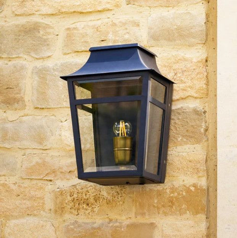 Majorelle IP44 outdoor wall lantern in brass for porch and garden lighting