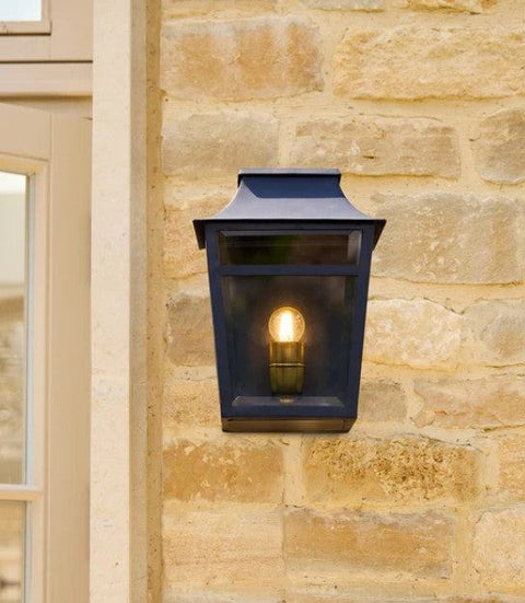 Majorelle Outdoor Wall Lantern in antiqued brass IP44 rated for exterior lighting