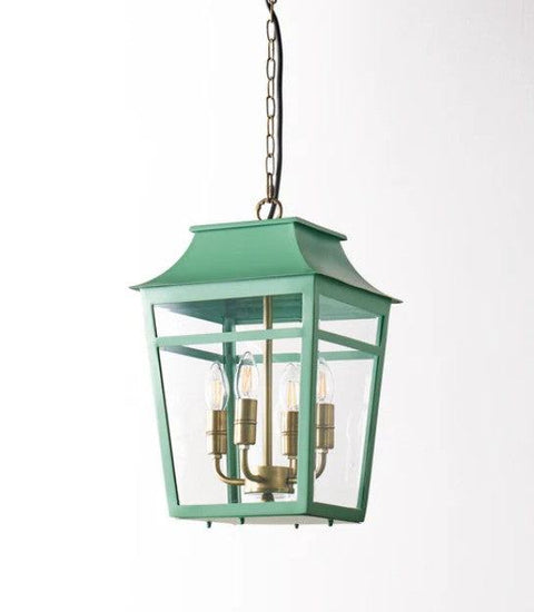 Majorelle Outdoor Pendant Light in green on a white background