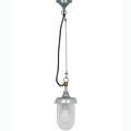 St Ives Harbour Outdoor Pendant Light with galvanized steel body, brass connector, clear bulb, and adjustable hanging cable