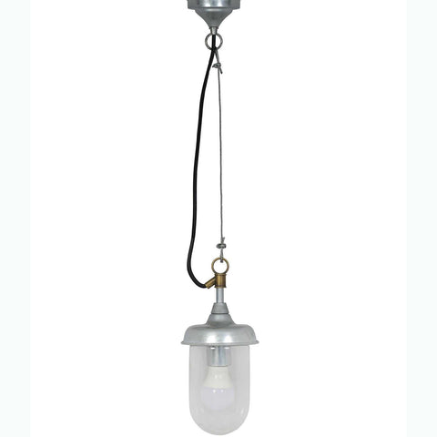 St Ives Harbour Outdoor Pendant Light with galvanized steel body, brass connector, clear bulb, and adjustable hanging cable