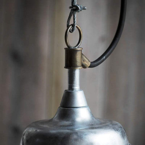 Close-up of St Ives Harbour Outdoor Pendant Light with galvanized steel and brass connector showing hanging detail