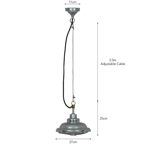 St Ives Mariner Pendant Light with weatherproof galvanized steel shade, adjustable 2.5m cable, and industrial nautical design for outdoor use.