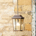 Pooky Crail Lantern outdoor ceiling light with Victorian horse carriage design, solid brass and bevelled glass, weather-resistant pendant for patios and porches