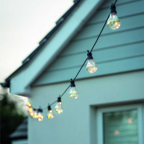 Solar festoon 20 bulb string lights in black for outdoor use with warm white LED bulbs and solar power.