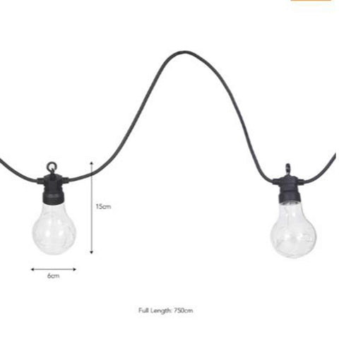 Solar festoon 10 bulb string lights with warm white bulbs, 7.5m total length, solar powered for outdoor use