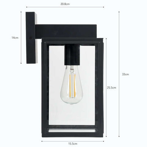 Belgrave Outdoor carriage light with off-black powder-coated steel frame and clear glass panels, designed for stylish outdoor wall lighting.