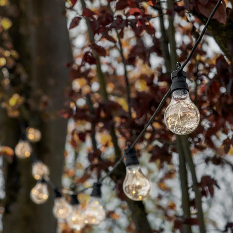 Festoon Classic Lights extension kit with 10 warm white bulbs hanging outdoors among trees, perfect for patios and gardens.