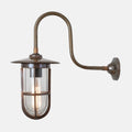 Denham Outdoor Swan Neck Wall Light with brass cage and glass shade, antique finish, weather-resistant outdoor lighting fixture