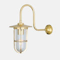 Denham Outdoor Swan Neck Wall Light brass finish with glass shade and protective cage for outdoor use