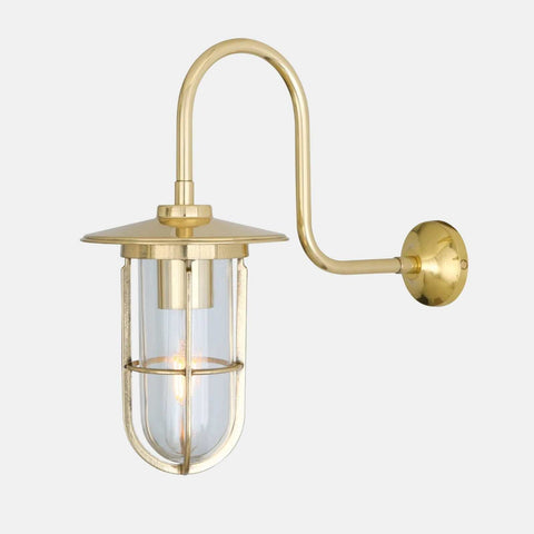 Denham Outdoor Swan Neck Wall Light brass finish with glass shade and protective cage for outdoor use