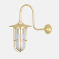 Denham Outdoor Swan Neck Wall Light in polished brass with glass shade and durable cage design for weather-resistant outdoor lighting
