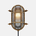 Ruben Small Outdoor Wall Light weatherproof vintage ship-inspired bulkhead light with protective metal cage and ribbed glass shade