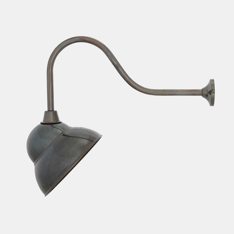 Fairburn IP23 Wall Light with curved metal arm and retro cap-style lamp in dark finish for outdoor use