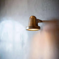 Thames Outdoor Spot Light in raw brass finish mounted on wall with warm light beam