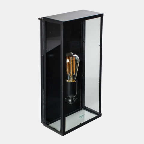 Chiswick Outdoor Wall Light large black minimalist outdoor wall lantern with clear glass and vintage filament bulb