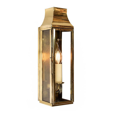 Kingsley Outdoor Slim Wall Lantern solid brass vintage-style outdoor light with clear glass panels and candle bulb