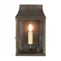 Kingsley Outdoor Wall Lantern in rustic solid brass with vintage candle-style bulb and weather-resistant design for outdoor use