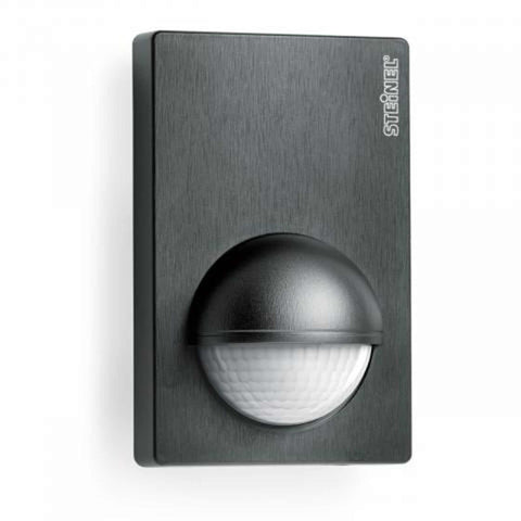 Steinel IS-180 outdoor motion sensor with sleek black design and PIR detection for reliable security lighting.