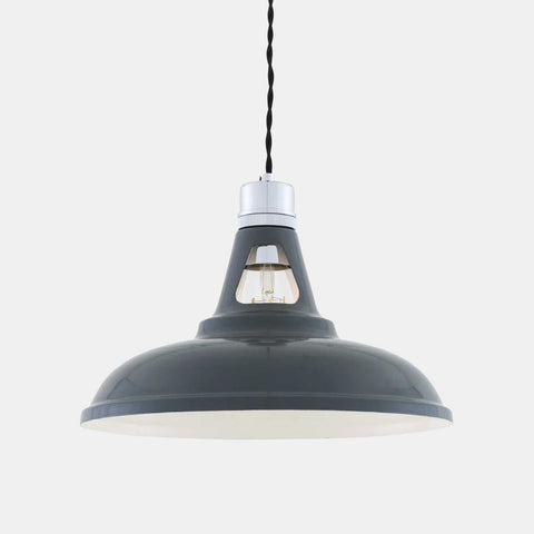 Vienna Pendant Light with sleek gray industrial design and exposed bulb for modern and classic interiors