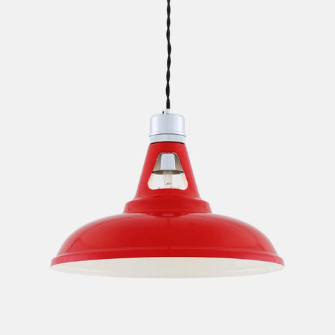 Vienna Pendant Light in red with industrial design and Edison bulb socket hanging from twisted black cord