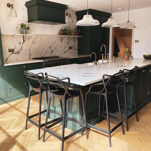 Mono Prismatic Pendant Light with prismatic glass shades over a kitchen island with dark green cabinetry and marble countertops