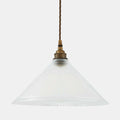 Rebell Prismatic Glass Pendant Light with a conical prismatic glass shade and twisted fabric cord in antique brass finish.