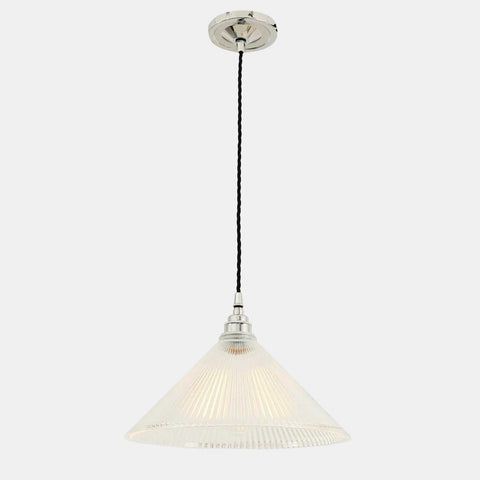 Rebell Prismatic Glass Pendant Light with prismatic glass shade and black cord suspension for modern industrial and timeless home decor