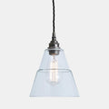 Kairi Glass Pendant light with clear cone-shaped glass shade and vintage bulb for modern interiors