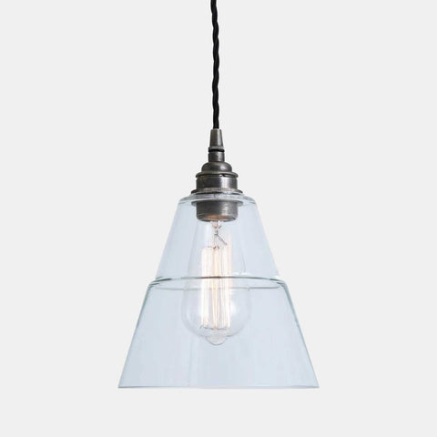 Kairi Glass Pendant light with clear cone-shaped glass shade and vintage bulb for modern interiors