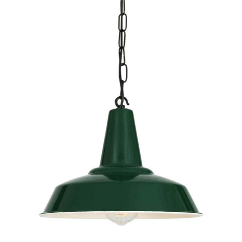 Salton Pendant Light in dark green with industrial factory-style aluminum shade and black hanging chain.