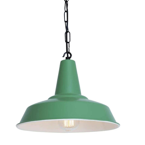 Green industrial-style Salton Pendant Light with chain suspension and exposed bulb