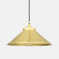 Elmstone brass pendant light with vintage-inspired wide coolie shade and warm brass finish for modern and industrial decor