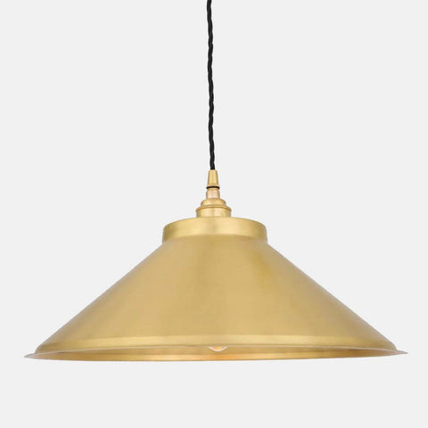Elmstone Brass Pendant Light with vintage-inspired brass Coolie shade and wide light dispersion