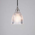 Small Strand Prismatic Glass pendant light with ribbed glass shade and metal fixture hanging on black cord